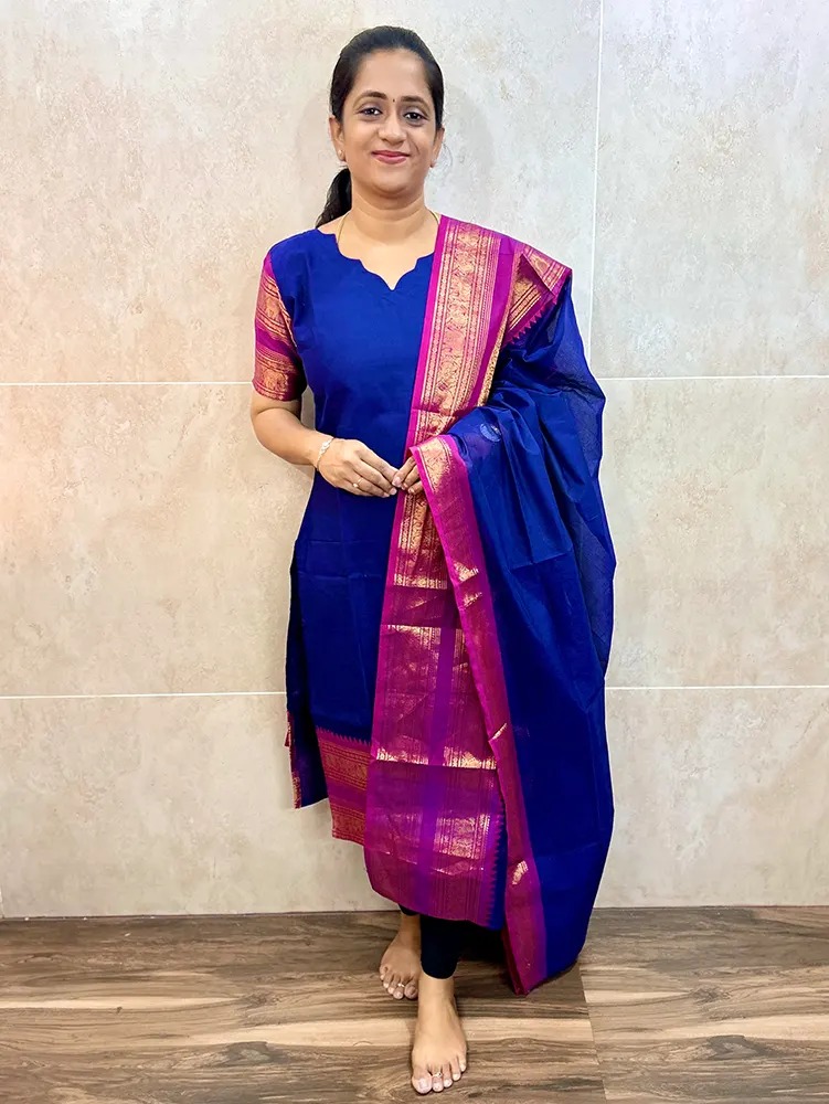 TOP ONLY-Kanchi cotton top (cotton lining)with zari weaving borders(straight cut)