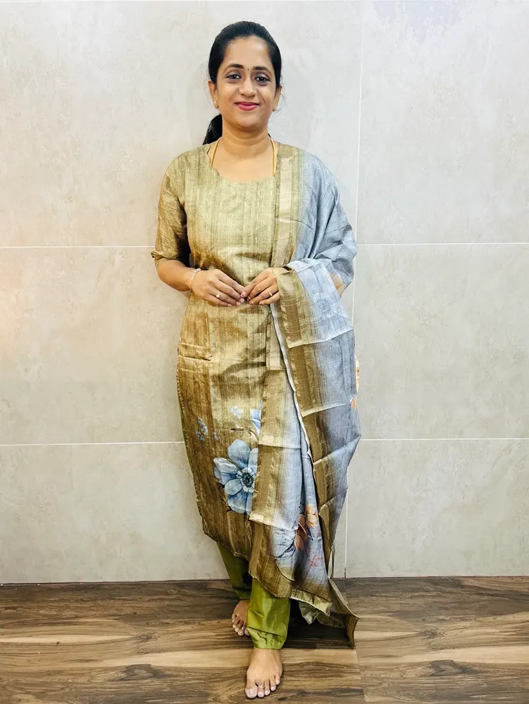 Premium printed semi Tussar top(cotton lining)paired with semi Tussar dupatta and silk bottom(free size)