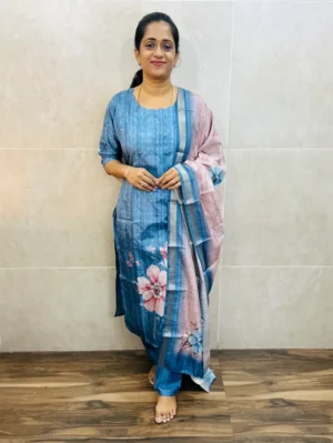 Premium printed semi Tussar top(cotton lining)paired with semi Tussar dupatta and silk bottom(free size)
