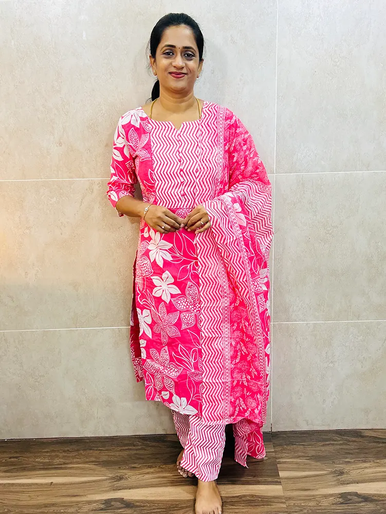 Printed Jaipur cotton top (cotton lining) paired with printed cotton dupatta and cotton bottom (straight cut)