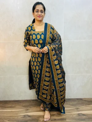 (Blue)Printed cotton top(cotton lining) paired with printed cotton dupatta and cotton bottom(straight cut)