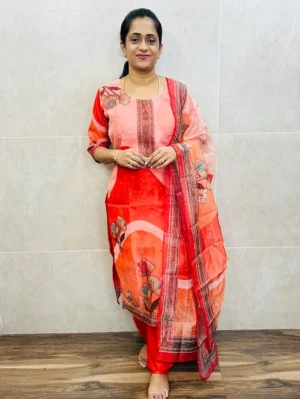 Orangish Red - Printed soft tissue silk top (full crepe lining) paired with soft tissue silk dupatta and silk bottom (free size)