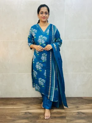Printed mul cotton top(cotton lining) paired with mul cotton dupatta and cotton bottom(straight cut)