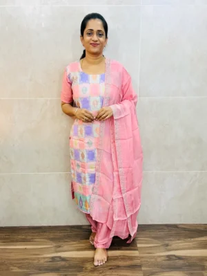 Pure dola silk top(cotton lining) with allover benaras weaving paired with pure organza dupatta and silk bottom(free size)