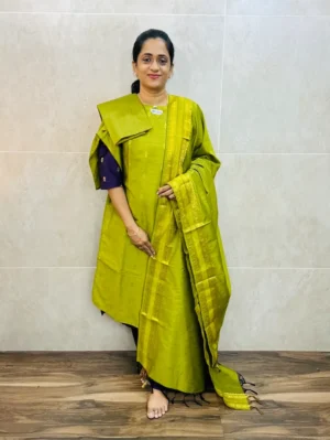 Premium semi raw silk top (cotton lining) with allover zari weavings paired with zari woven semi raw silk dupatta and semi raw silk bottom (free size)