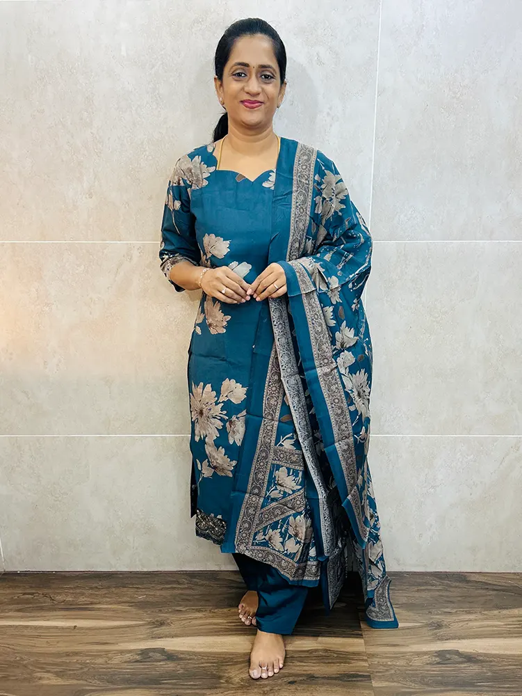 Blue - Premium modal silk top (cotton lining) paired with modal silk dupatta and silk bottom (free size)