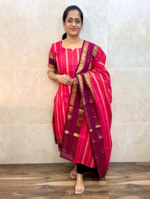 (Dark pink)Kanchi cotton top (cotton lining) with kanchi cotton dupatta