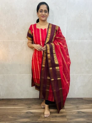 TOP ONLY-(Red)Kanchi cotton top (cotton lining)withallover zari weaving buttas