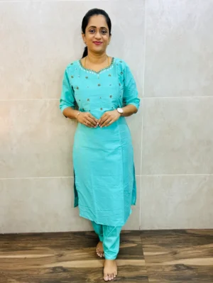 Premium silk cotton top (cotton lining) with exclusive handwork on yoke paired with silk cotton bottom (free size)