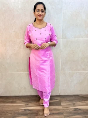 Premium silk cotton top (cotton lining) with exclusive handwork on yoke paired with silk cotton bottom (free size)