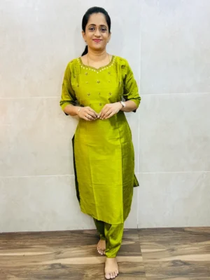 Premium silk cotton top (cotton lining) with exclusive handwork on yoke paired with silk cotton bottom (free size)