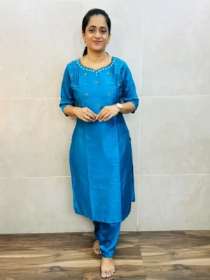 Premium silk cotton top (cotton lining) with exclusive handwork on yoke paired with silk cotton bottom (free size)