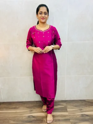 Premium silk cotton top (cotton lining) with exclusive handwork on yoke paired with silk cotton bottom (free size)