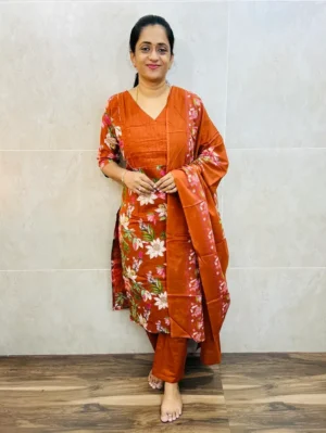 Printed cotton top(cotton lining) paired with cotton dupatta and cotton bottom(straight cut)