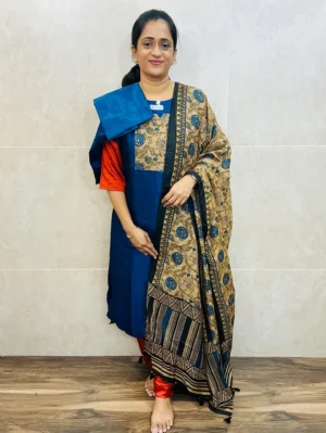 Soft silk top (crepe lining) with embroidered patchwork on yoke paired with printed semi modal silk dupatta and silk bottom (free size)