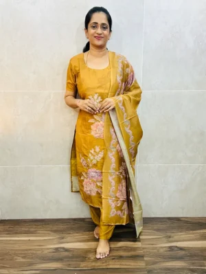 Printed Soft muslin silk top (cotton lining) with hand embroidered work paired with printed muslin silk dupatta and Santoon bottom (free size)