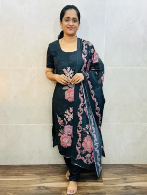 Printed Soft muslin silk top (cotton lining) with hand embroidered work paired with printed muslin silk dupatta and Santoon bottom (free size)