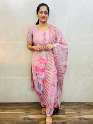 Soft linen tissue silk top(cotton lining) with beautiful handwork on yoke paired with soft linen tissue silk dupatta and santoon bottom(free size)