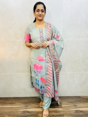 Soft linen tissue silk top(cotton lining) with beautiful handwork on yoke paired with soft linen tissue silk dupatta and santoon bottom(free size)