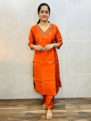 Premium semi raw silk top(cotton lining)with exclusive handwork and allover zari weaving buttas paired with semi raw silk bottom(free size)