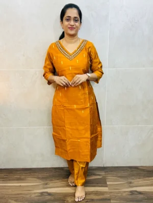 Premium semi raw silk top(cotton lining)with exclusive handwork and allover zari weaving buttas paired with semi raw silk bottom(free size)
