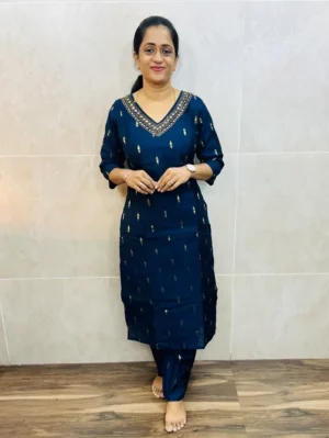 Premium semi raw silk top(cotton lining)with exclusive handwork and allover zari weaving buttas paired with semi raw silk bottom(free size)