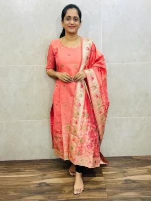 Pure viscose dola silk top(cotton lining)with allover benaras weaving paired with viscose dola silk dupatta