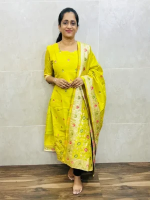 Pure viscose dola silk top(cotton lining)with allover benaras weaving paired with viscose dola silk dupatta