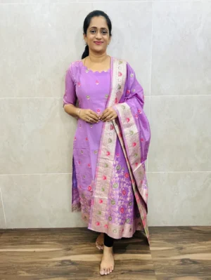 Pure viscose dola silk top(cotton lining)with allover benaras weaving paired with viscose dola silk dupatta
