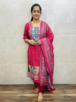 Printed muslin silk top(cotton lining)paired with printed muslin silk dupatta and santoon bottom(free size)