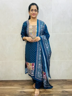 Printed muslin silk top(cotton lining)paired with printed muslin silk dupatta and santoon bottom(free size)