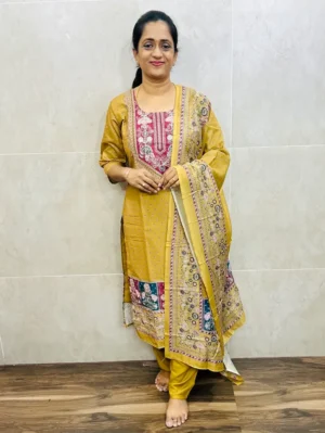 Printed muslin silk top(cotton lining)paired with printed muslin silk dupatta and santoon bottom(free size)