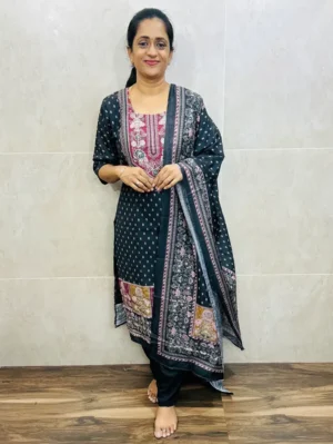 Printed muslin silk top(cotton lining)paired with printed muslin silk dupatta and santoon bottom(free size)