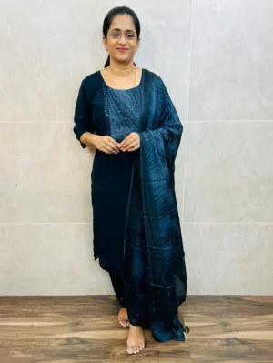 (Dark midnight blue)Georgette top(crepe lining)with patchwork on yoke paired with crush georgette dupatta and silk bottom(free size)