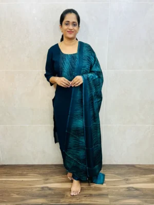 (Dark peacock blue)Georgette top(crepe lining)with patchwork on yoke paired with crush georgette dupatta and silk bottom(free size)
