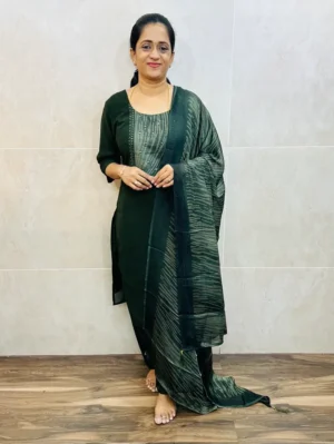 (Mehandi green)Georgette top(crepe lining)with patchwork on yoke paired with crush georgette dupatta and silk bottom(free size)