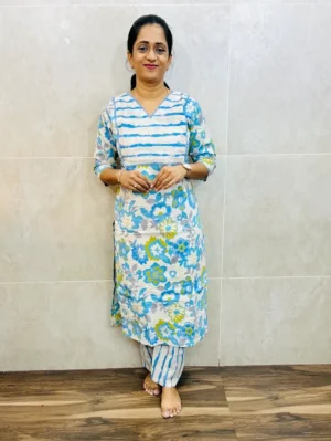 Printed cotton top(cotton lining) with crochet lace work paired with printed cotton bottom(straight cut)