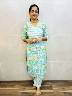 Printed cotton top(cotton lining) with crochet lace work paired with printed cotton bottom(straight cut)