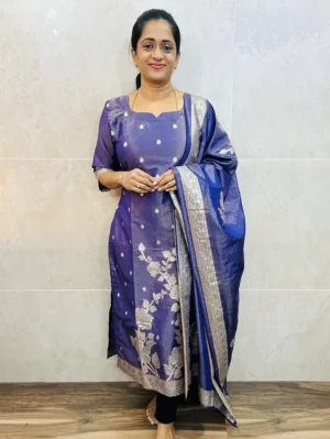 Pure dola silk top (cotton lining) with allover benaras weaving paired with dola silk dupatta