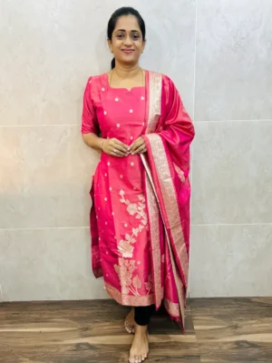 Pure dola silk top (cotton lining) with allover benaras weaving paired with dola silk dupatta