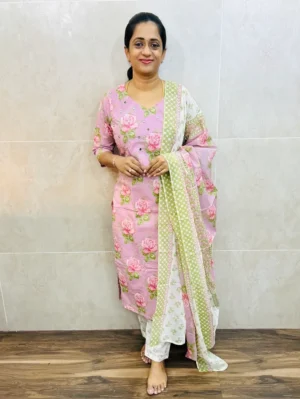 Printed cotton top(cotton lining) paired with handworked yoke paired with printed cotton dupatta and cotton bottom(straight cut)