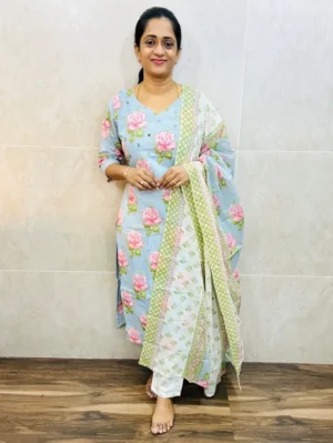 Printed cotton top(cotton lining) paired with handworked yoke paired with printed cotton dupatta and cotton bottom(straight cut)