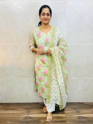 Printed cotton top(cotton lining) paired with handworked yoke paired with printed cotton dupatta and cotton bottom(straight cut)