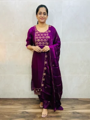 Soft fendi silk top(crepe lining)with embroidered yoke paired with soft fendi silk dupatta and silk bottom(free size)