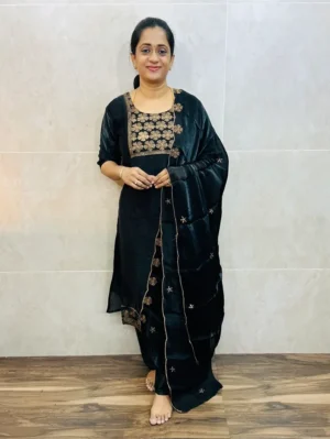 Soft fendi silk top(crepe lining)with embroidered yoke paired with soft fendi silk dupatta and silk bottom(free size)