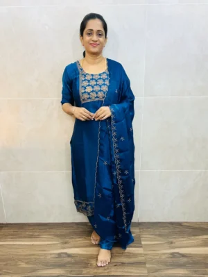 Soft fendi silk top(crepe lining)with embroidered yoke paired with soft fendi silk dupatta and silk bottom(free size)