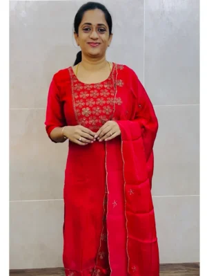 (Pinkish Red)Soft fendi silk top(crepe lining)with embroidered yoke paired with soft fendi silk dupatta and silk bottom(free size)