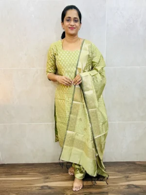 Premium semi raw silk top (cotton lining) with allover weaving paired with zari woven dupatta and semi raw silk bottom (free size)