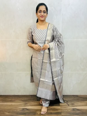 Premium semi raw silk top (cotton lining) with allover weaving paired with zari woven dupatta and semi raw silk bottom (free size)