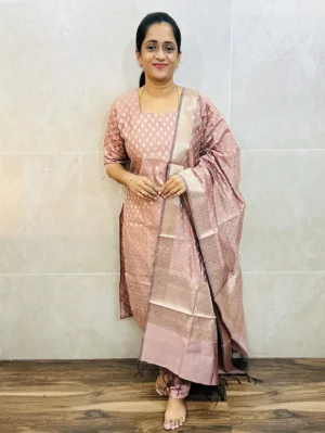 Premium semi raw silk top (cotton lining) with allover weaving paired with zari woven dupatta and semi raw silk bottom (free size)